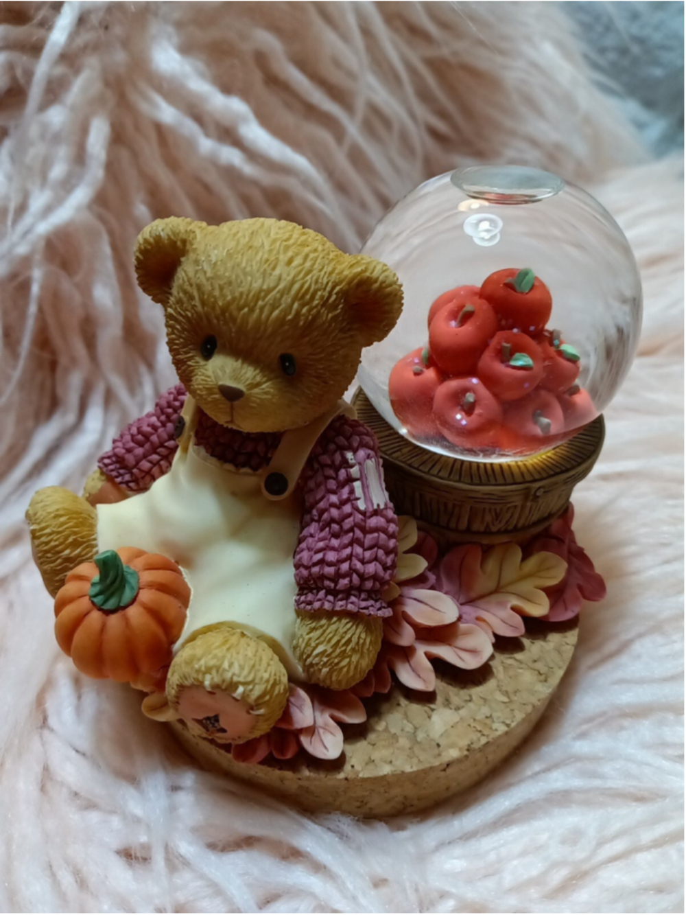 Cherished Teddies Fall Water Globe 2000 Boy Bear with Pumpkin & Apples & Leaves